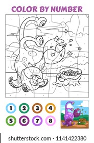 Color by Number is an educational game for children. Violet Crabtopus Monster and Green Slug are Cracking Nuts. Two versions. Coloring book page with example.