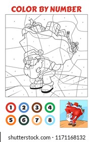 Color by Number is an educational game for children. Santa Claus carrying a sack full of gifts. EPS10