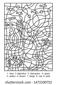 Color by number, educational game for children. Fairy tales. Little Mermaid and a mirror