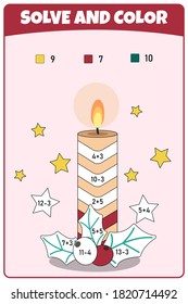 Color by number educational game for schoolchild and preschool kids. Mathematical exercises on subtraction and addition. Educational page for mathematics baby book. 