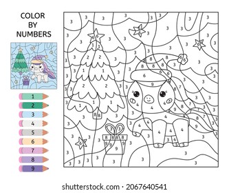 Color by number educational game. Cute kawaii unicorn, gift box and Christmas tree. Learn numbers for preschoolers. Black and white coloring page. Printable worksheet.