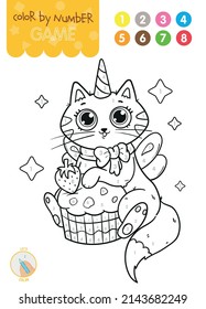 Color by number. Educational game for children. Cute cartoon cat unicorn with a cake.