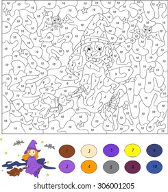 Color by number educational game for kids. Nice and friendly witch flying on a broom through the night sky. Vector illustration for schoolchild and preschool