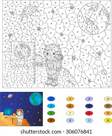 Color by number educational game for kids. Astronaut with a flag of the earth on the moon. Vector illustration for schoolchild and preschool
