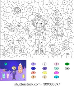Color by number educational game for kids. Astronaut, aliens and rocket on the planet. Vector illustration for schoolchild and preschool