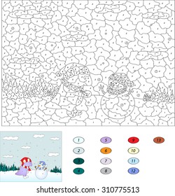 Color by number educational game for kids. Purple dragon and cute snowman in the winter forest. Vector illustration for schoolchild and preschool