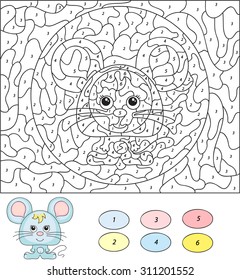 Color by number educational game for kids. Cute mouse. Vector illustration for schoolchild and preschool