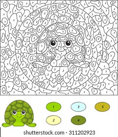 Color by number educational game for kids. Cartoon turtle. Vector illustration for schoolchild and preschool