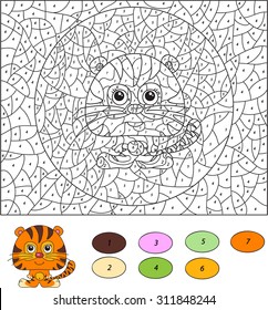 Color by number educational game for kids. Cartoon tiger. Vector illustration for schoolchild and preschool