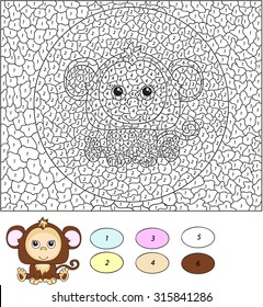 Color by number educational game for kids. Cartoon monkey. Vector illustration for schoolchild and preschool