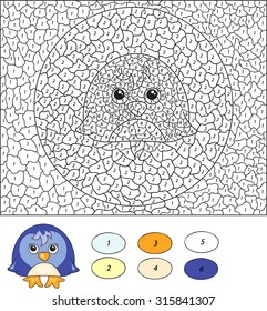 Color by number educational game for kids. Cartoon penguin. Vector illustration for schoolchild and preschool