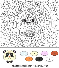 Color by number educational game for kids. Cartoon panda. Vector illustration for schoolchild and preschool