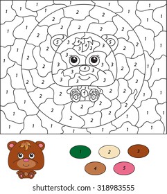 Color by number educational game for kids. Cartoon bear. Vector illustration for schoolchild and preschool