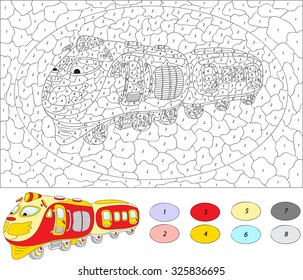 Color by number educational game for kids. Cartoon train. Vector illustration for schoolchild and preschool