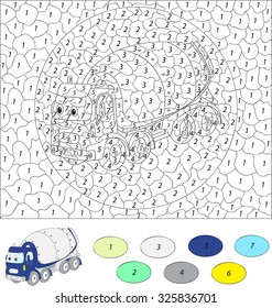Color by number educational game for kids. Cartoon concrete mixer. Vector illustration for schoolchild and preschool