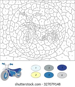 Color by number educational game for kids. Cartoon motorcycle. Vector illustration for schoolchild and preschool