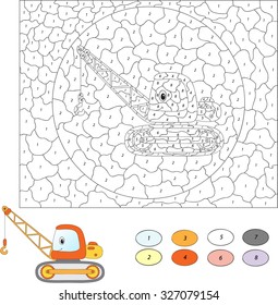 Color by number educational game for kids. Cartoon crane. Vector illustration for schoolchild and preschool