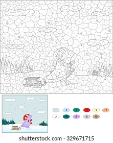 Color by number educational game for kids. Purple dragon with sled in the winter forest. Vector illustration for schoolchild and preschool