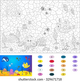 Color by number educational game for kids. Underwater world, ocean floor with octopus, submarine, whale, fish, corals and sea shells. Vector illustration for schoolchild and preschool