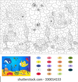 Color by number educational game for kids. Underwater world, ocean floor with octopus, submarine, whale, fish, corals and sea shells. Vector illustration for schoolchild and preschool