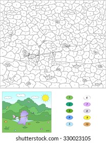 Color by number educational game for kids. Purple dragon with net for butterflies. Vector illustration for schoolchild and preschool