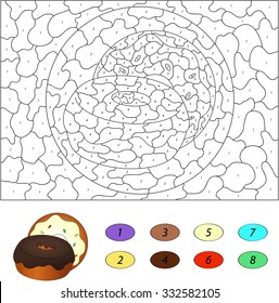 Color by number educational game for kids. Donuts with chocolate and frosting. Vector illustration for schoolchild and preschool