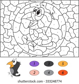 Color by number educational game for kids. Funny cartoon crow. Vector illustration for schoolchild and preschool