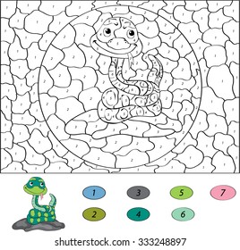 Color by number educational game for kids. Funny cartoon snake. Vector illustration for schoolchild and preschool