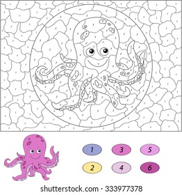 Color by number educational game for kids. Funny cartoon sea horse. Vector illustration for schoolchild and preschool