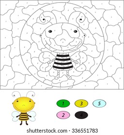 Color by number educational game for kids. Funny cartoon bee. Vector illustration for schoolchild and preschool