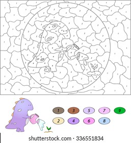 Color by number educational game for kids. Funny cartoon dragon watering a plant from can. Vector illustration for schoolchild and preschool