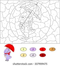Color by number educational game for kids. Funny cartoon dragon with umbrella. Vector illustration for schoolchild and preschool