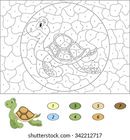 Color by number educational game for kids. Funny cartoon turtle. Vector illustration for schoolchild and preschool