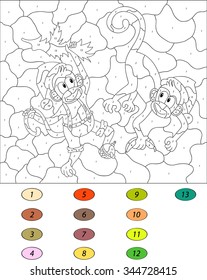 Color by number educational game for kids. Funny cartoon Christmas monkeys. Vector illustration for schoolchild and preschool