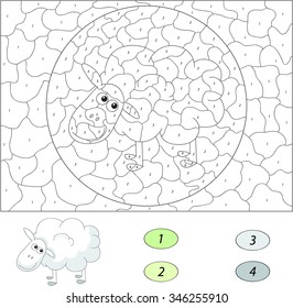 Color by number educational game for kids. Cute lamb (ram, sheep, mutton). Vector illustration for schoolchild and preschool
