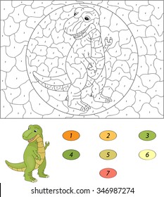 Color by number educational game for kids. Cartoon tyrannosaur. Vector illustration for schoolchild and preschool