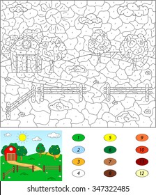 Color by number educational game for kids. Rural landscape with barn, corrals, fruit-trees and fields. Vector illustration for schoolchild and preschool