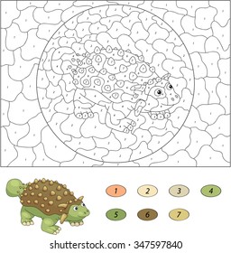 Color by number educational game for kids. Cartoon ankylosaurus. Vector illustration for schoolchild and preschool