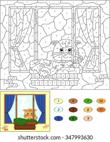 Color by number educational game for kids. Window with cat, flower pots and curtains. Vector illustration for schoolchild and preschool