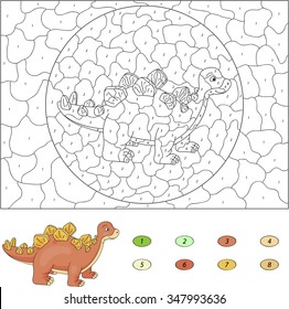 Color by number educational game for kids. Cartoon stegosaurus. Vector illustration for schoolchild and preschool