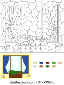 Color by number educational game for kids. Window with flower pots and curtains. Vector illustration for schoolchild and preschool