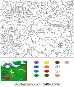Color by number educational game for kids. Forest glade with a stub, strawberries, butterfly, trees, rainbow and flowers. Vector illustration for schoolchild and preschool