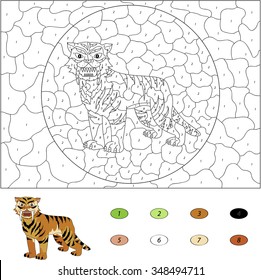 Color by number educational game for kids. Cartoon saber-toothed tiger. Vector illustration for schoolchild and preschool