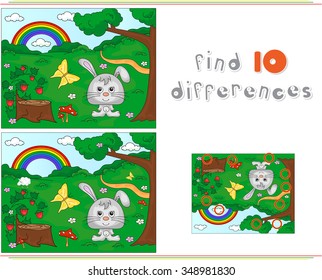 Color by number educational game for kids. Forest glade with a hare, stub, strawberries, butterfly, trees, rainbow and flowers. Vector illustration for schoolchild and preschool
