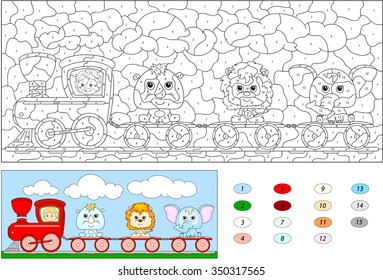 Color by number educational game for kids. Funny cartoon train with lion, elephant and rhino. Vector illustration for schoolchild and preschool