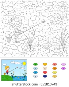Color by number educational game for kids. Boy fisherman with fishing rod on the lake. Vector illustration for schoolchild and preschool