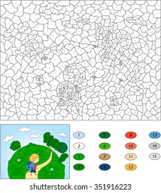 Color by number educational game for kids. A boy with a backpack camping in the wood. Wildlife, trees, shrubs, mushrooms and herbs landscape. Vector illustration