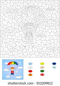 Color by number educational game for kids. Boy parachutist descends from the sky on a parachute through the clouds. Vector illustration