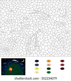Color by number educational game for kids. A boy with a telescope looking at the comet in the night sky with stars and moon. Vector illustration