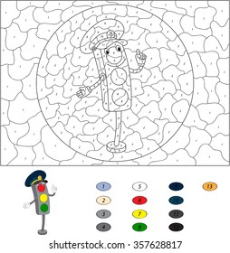 Color by number educational game for kids. Cartoon traffic light. Vector illustration for schoolchild and preschool